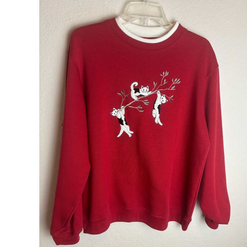 Vintage Classic Elements Sweatshirt Red Cat Embroidery Mock Neck Womens L